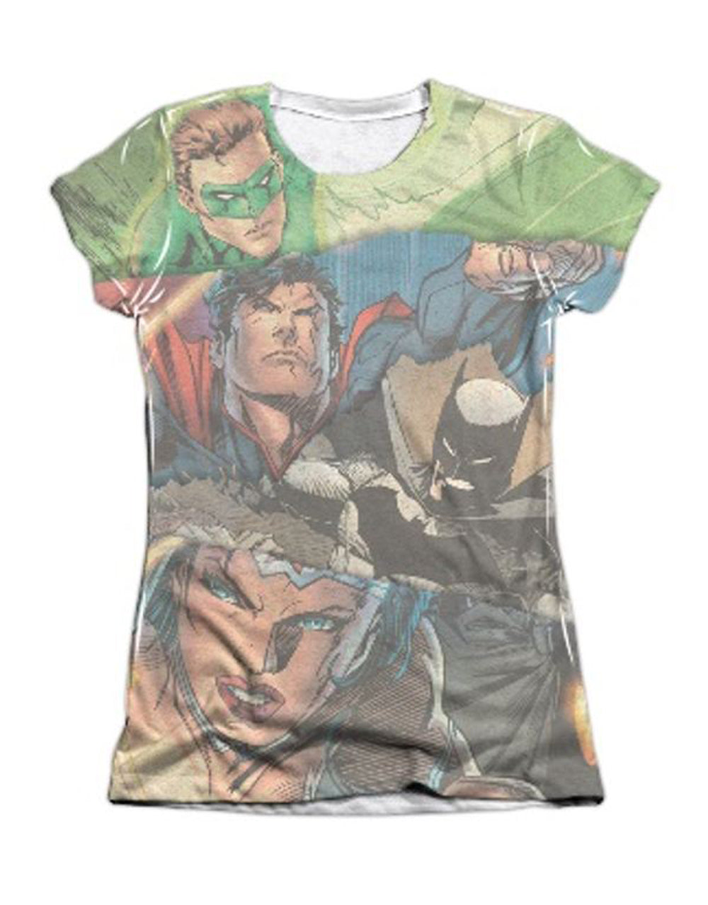 Justice League torn graphic on a white women's t-shirt.