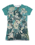 Justice League bombshell graphic on a white women's t-shirt.