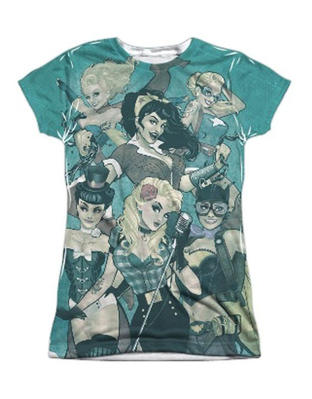 Justice League bombshell graphic on a white women's t-shirt.