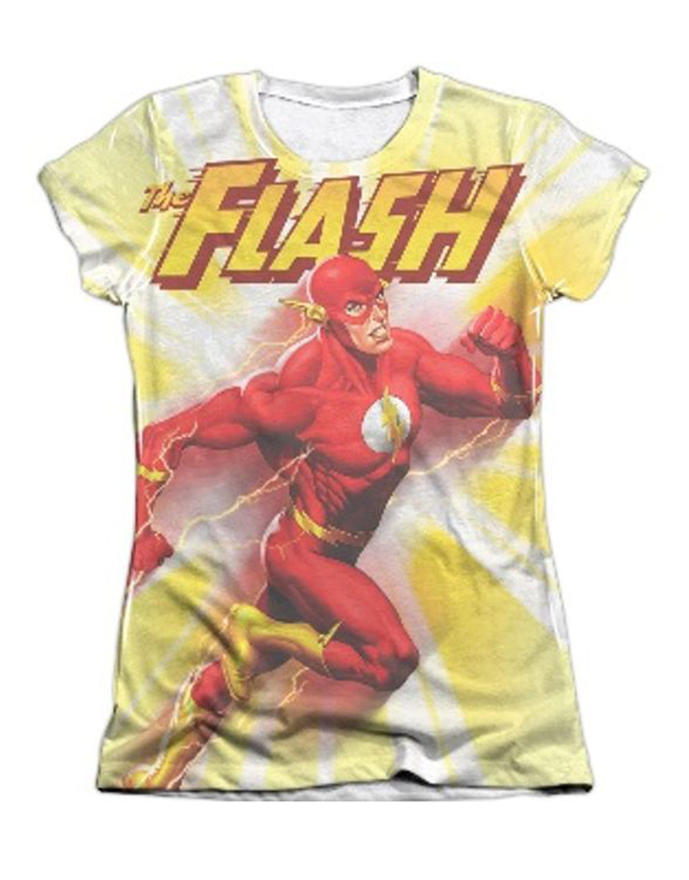 The Flash motion blur graphic on a white women's t-shirt.