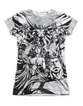 Justice League gathering graphic on a white women's t-shirt.