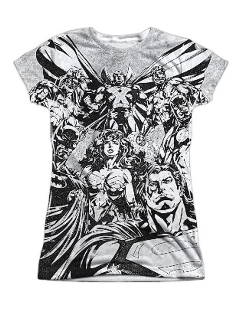 Justice League gathering graphic on a white women's t-shirt.