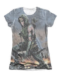 Green Arrow rain graphic on a white women's t-shirt.