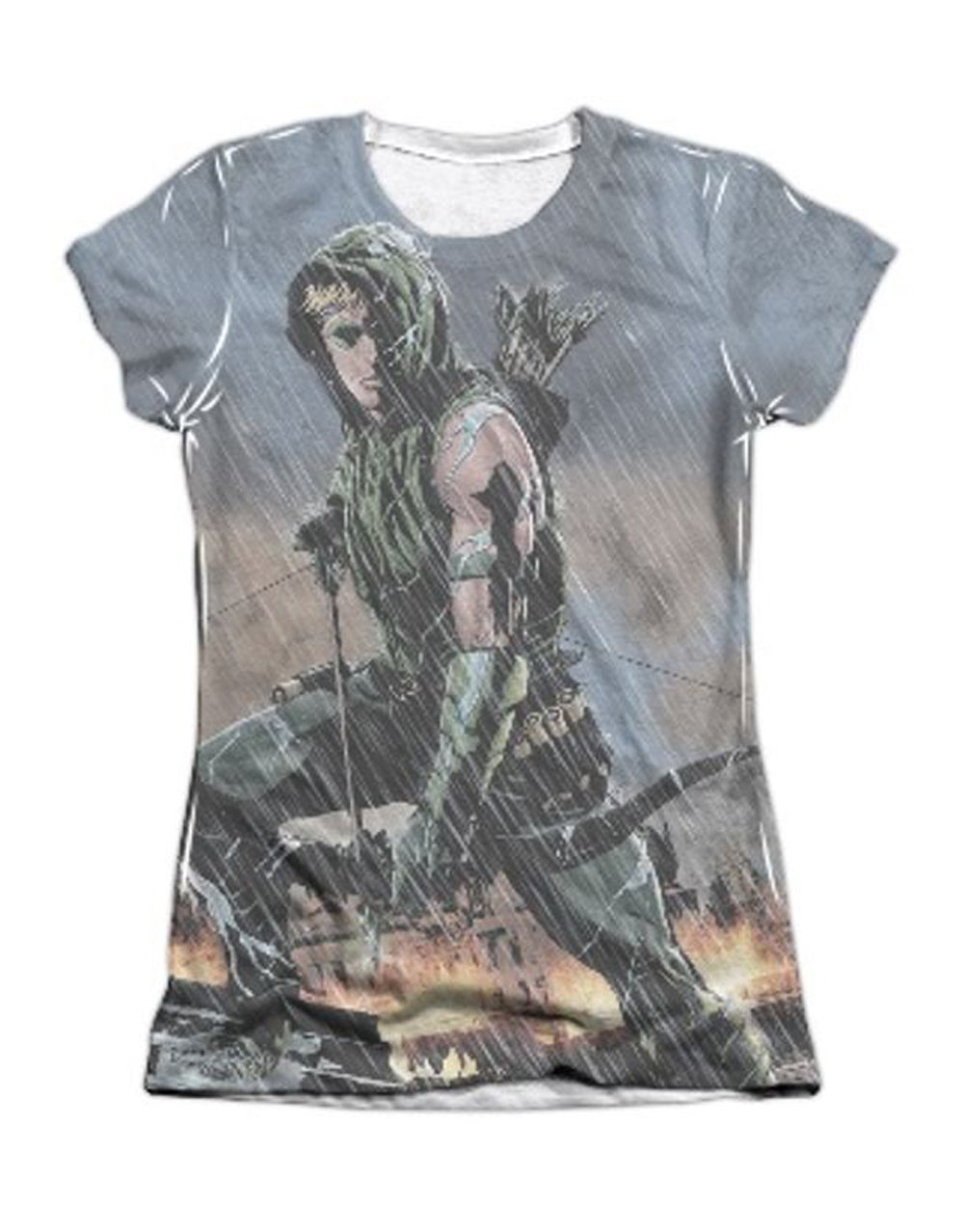 Green Arrow rain graphic on a white women's t-shirt.