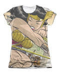 Wonder Woman minotaur battle graphic on a white women's t-shirt.