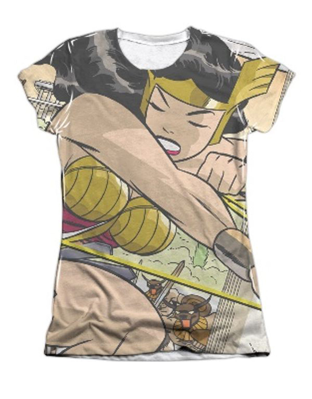 Wonder Woman minotaur battle graphic on a white women's t-shirt.