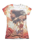 Wonder Woman glow graphic on a white women's t-shirt.