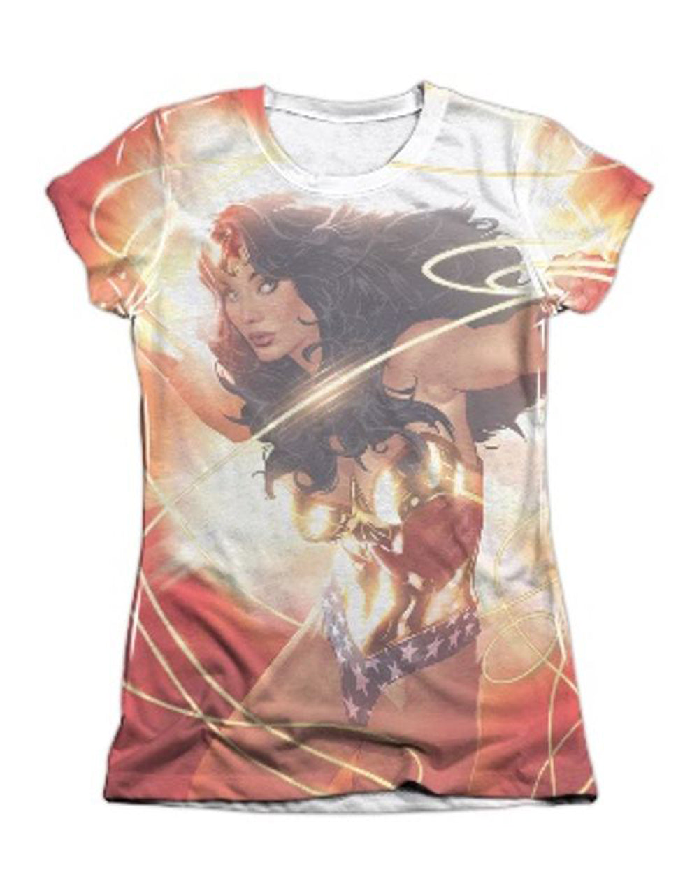 Wonder Woman glow graphic on a white women's t-shirt.