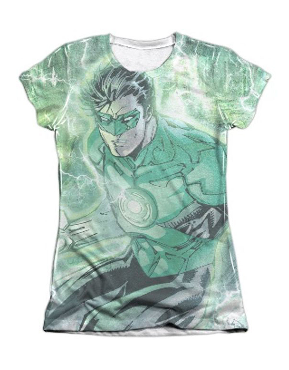 Green Lantern lightning graphic on a white women's t-shirt.