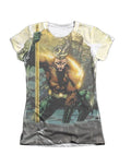 Aquaman good vs evil graphic on a white women's t-shirt.