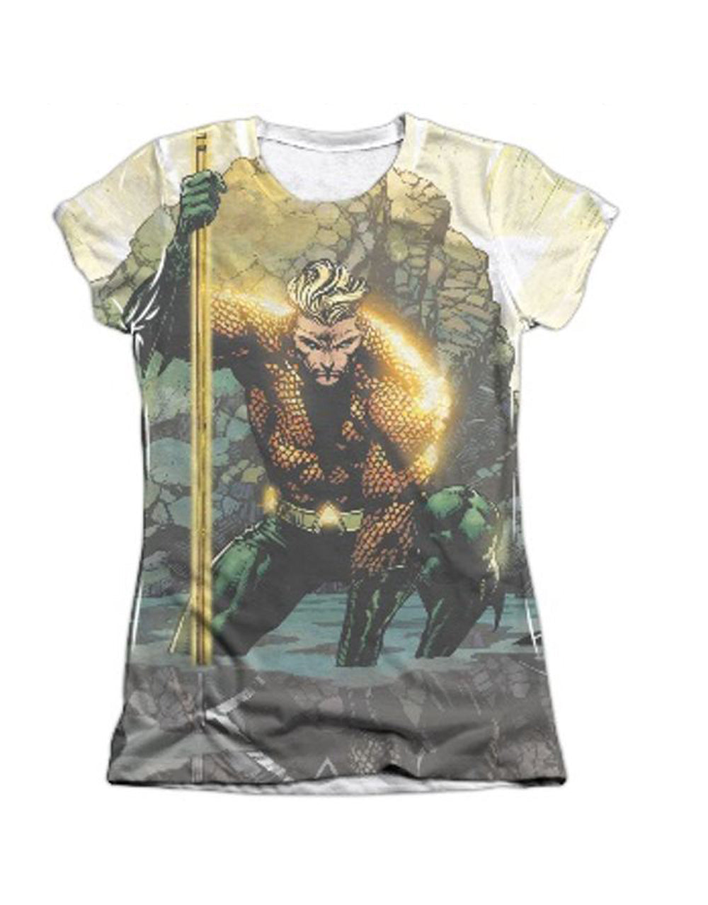 Aquaman good vs evil graphic on a white women's t-shirt.