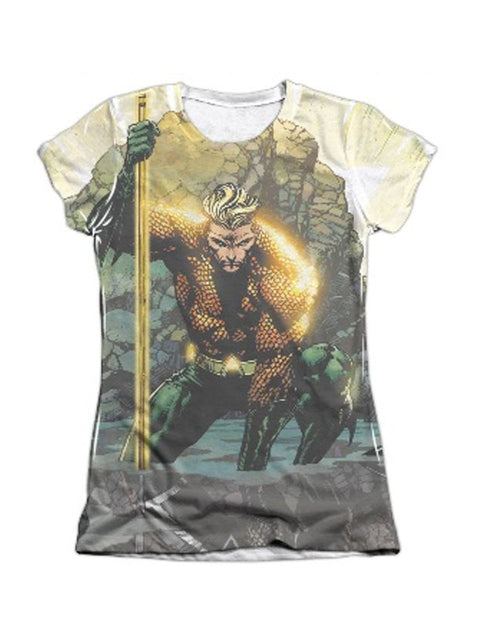 Aquaman good vs evil graphic on a white women's t-shirt.