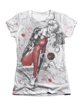 Harley Quinn sketch graphic on a white women's t-shirt.