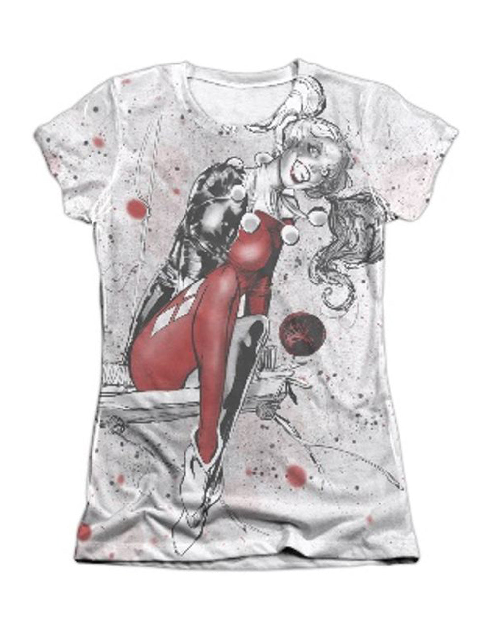 Harley Quinn sketch graphic on a white women's t-shirt.