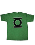 Green Lantern classic ring graphic on a heathered green adult t-shirt.