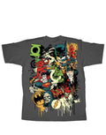 Justice League JLA graphic on a dark grey adult t-shirt.