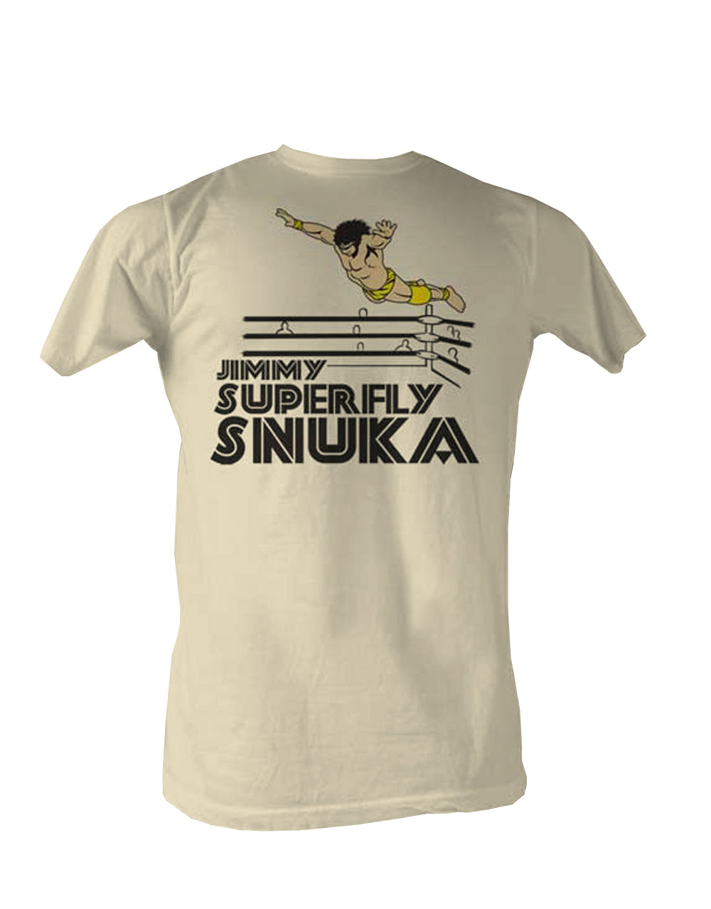 WWE Jimmy Superfly Snuka superfly graphic on a french vanilla adult t-shirt.