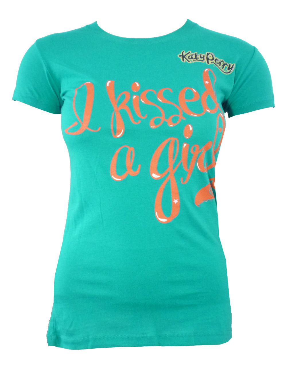 Katy Perry kissed a girl graphic on a green women's t-shirt.