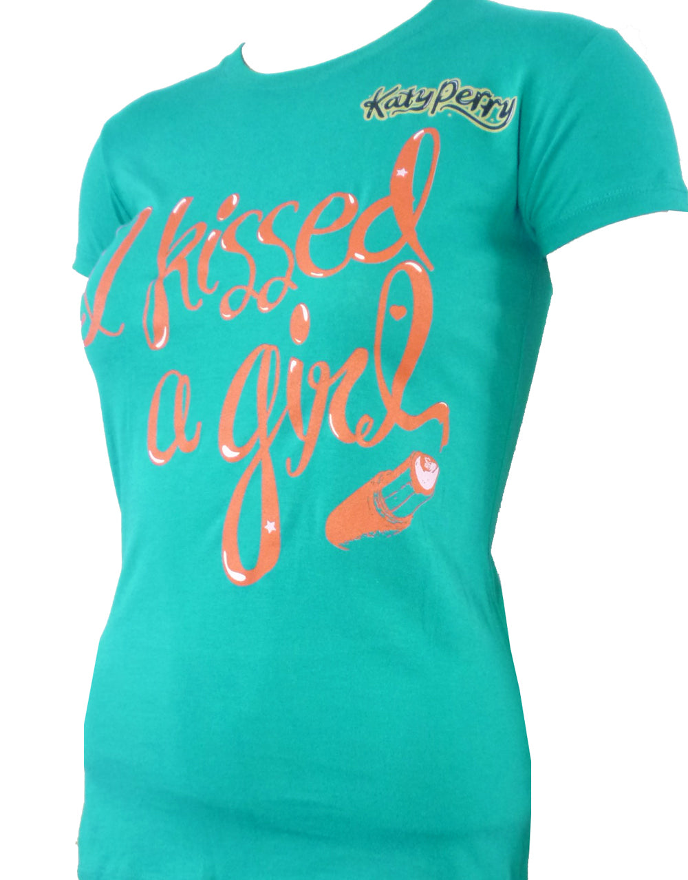Katy Perry kissed a girl graphic on a green women's t-shirt.