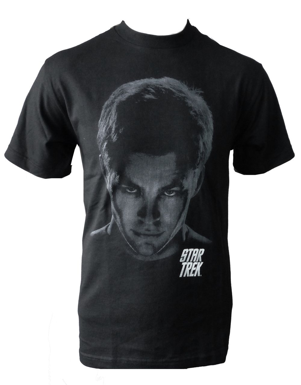 Star Trek Kirk shadows graphic on a black adult t-shirt.