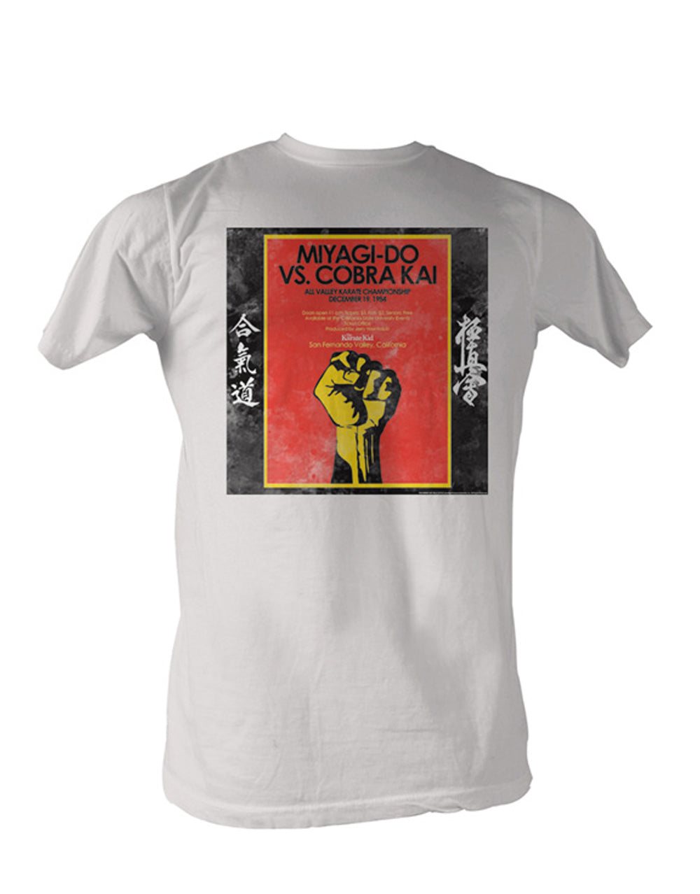 The Karate Kid Miyagi v Cobra graphic on a white adult t-shirt.