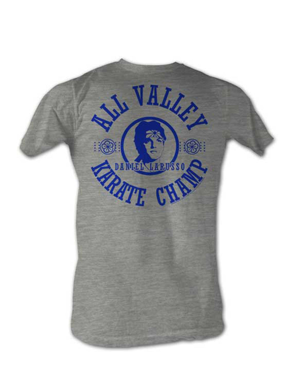 The Karate Kid champ Larusso graphic on a heathered light grey adult t-shirt.