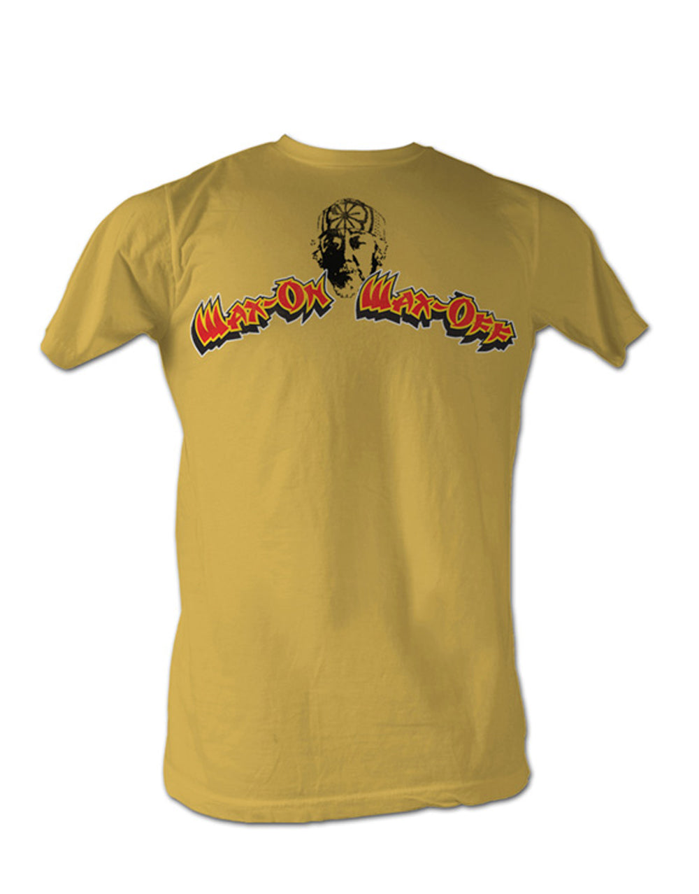 The Karate Kid Miyagi face graphic on a gold adult t-shirt.