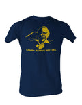 The Karate Kid bottles graphic on a navy blue adult t-shirt.