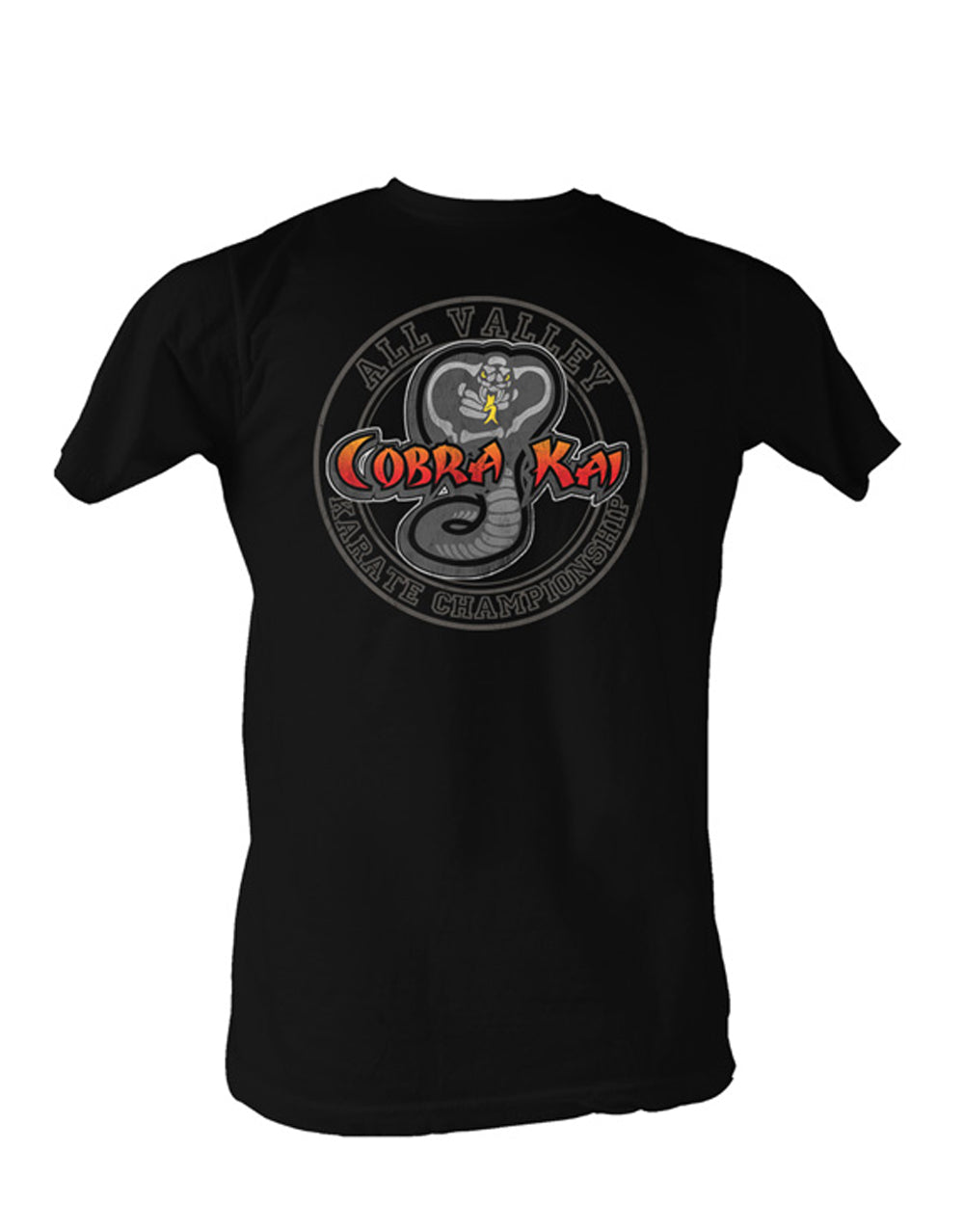 The Karate Kid Cobra Kai all valley graphic on a black adult t-shirt.