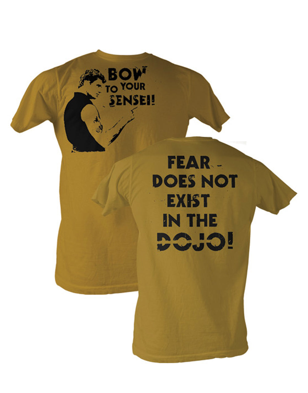 The Karate Kid bow graphic on a gold adult t-shirt.