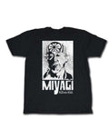 The Karate Kid Miyagi graphic on a black adult t-shirt.
