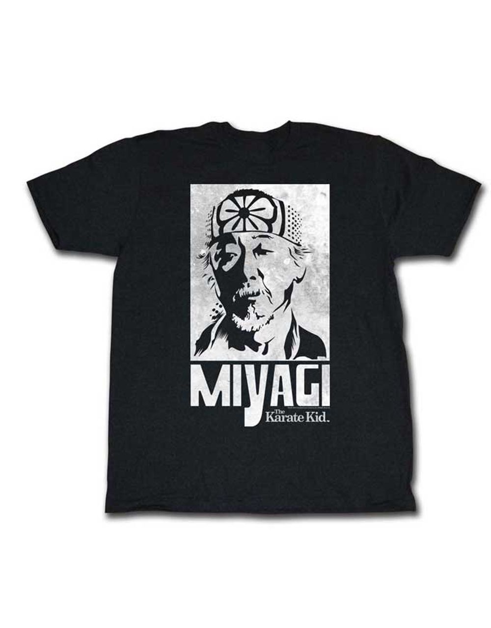 The Karate Kid Miyagi graphic on a black adult t-shirt.