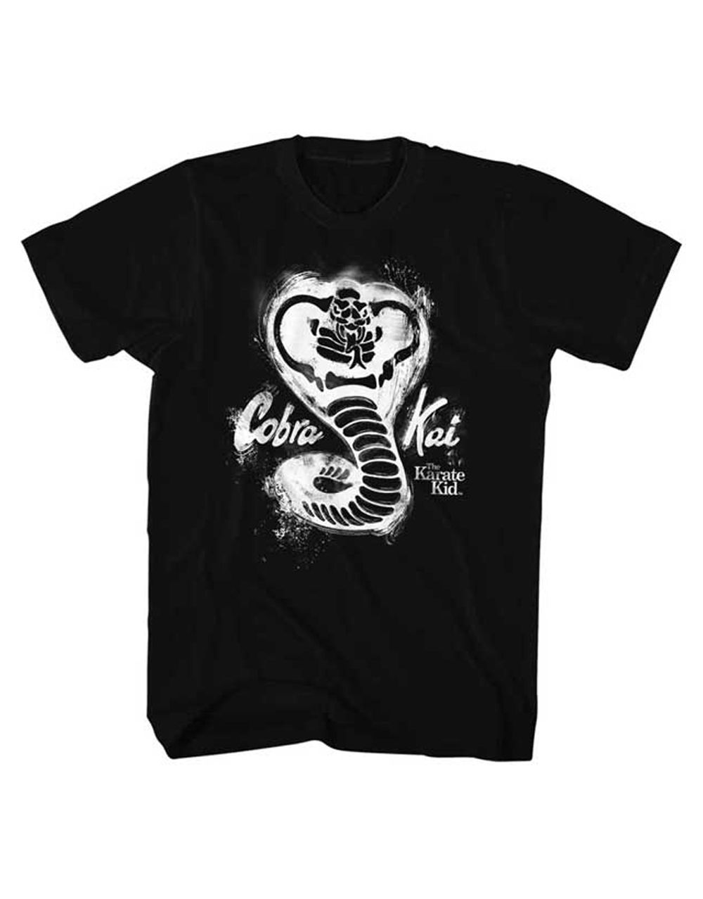 The Karate Kid Cobra Kai chalkboard graphic on a black adult t-shirt.