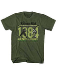 The Karate Kid fight 84 graphic on a heathered green adult t-shirt.