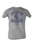 The Karate Kid Miyagi graphic on a heathered light grey adult t-shirt.