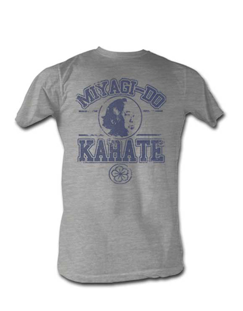 The Karate Kid Miyagi graphic on a heathered light grey adult t-shirt.