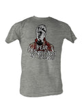 The Karate Kid Johnny Lawrence fear graphic on a heathered light grey adult t-shirt.