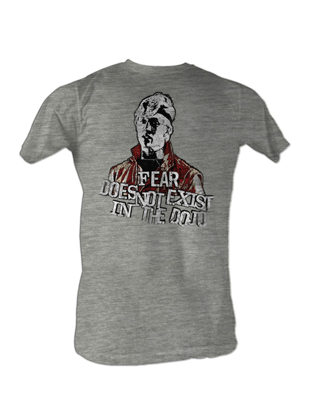 The Karate Kid Johnny Lawrence fear graphic on a heathered light grey adult t-shirt.