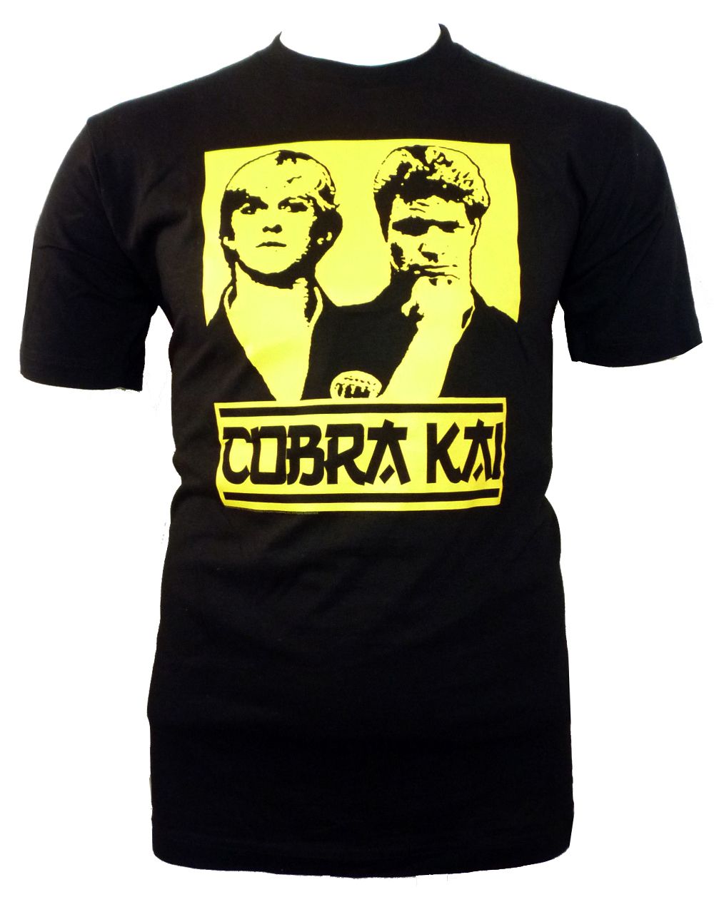 The Karate Kid Cobra Kai duo graphic on a black adult t-shirt.