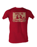 The Karate Kid wax on graphic on a red adult t-shirt.