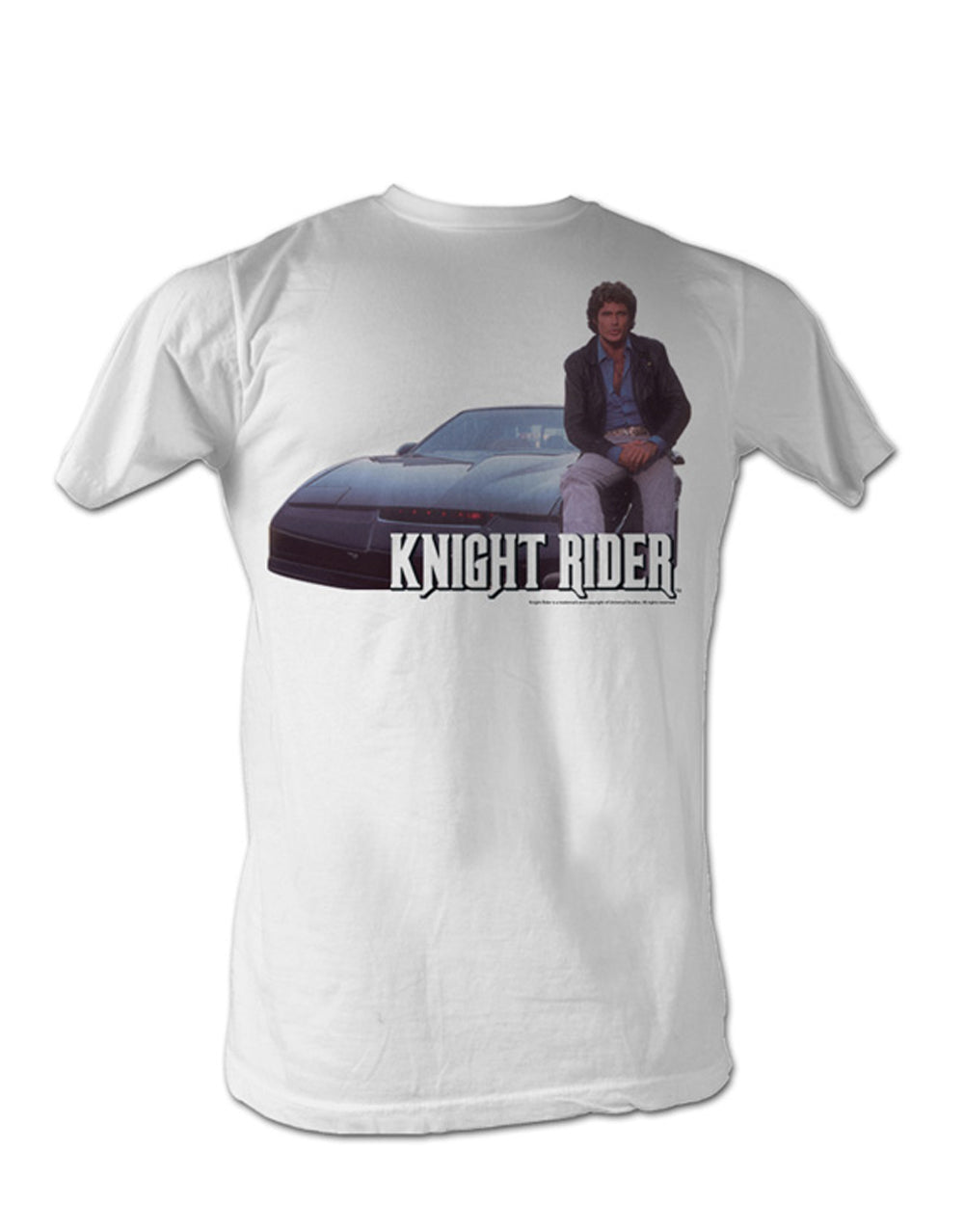 Knight Rider Michael Knight and Kitt graphic on a white adult t-shirt.