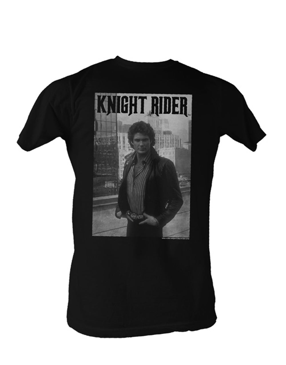 Knight Rider stallion Hoff graphic on a black adult t-shirt.