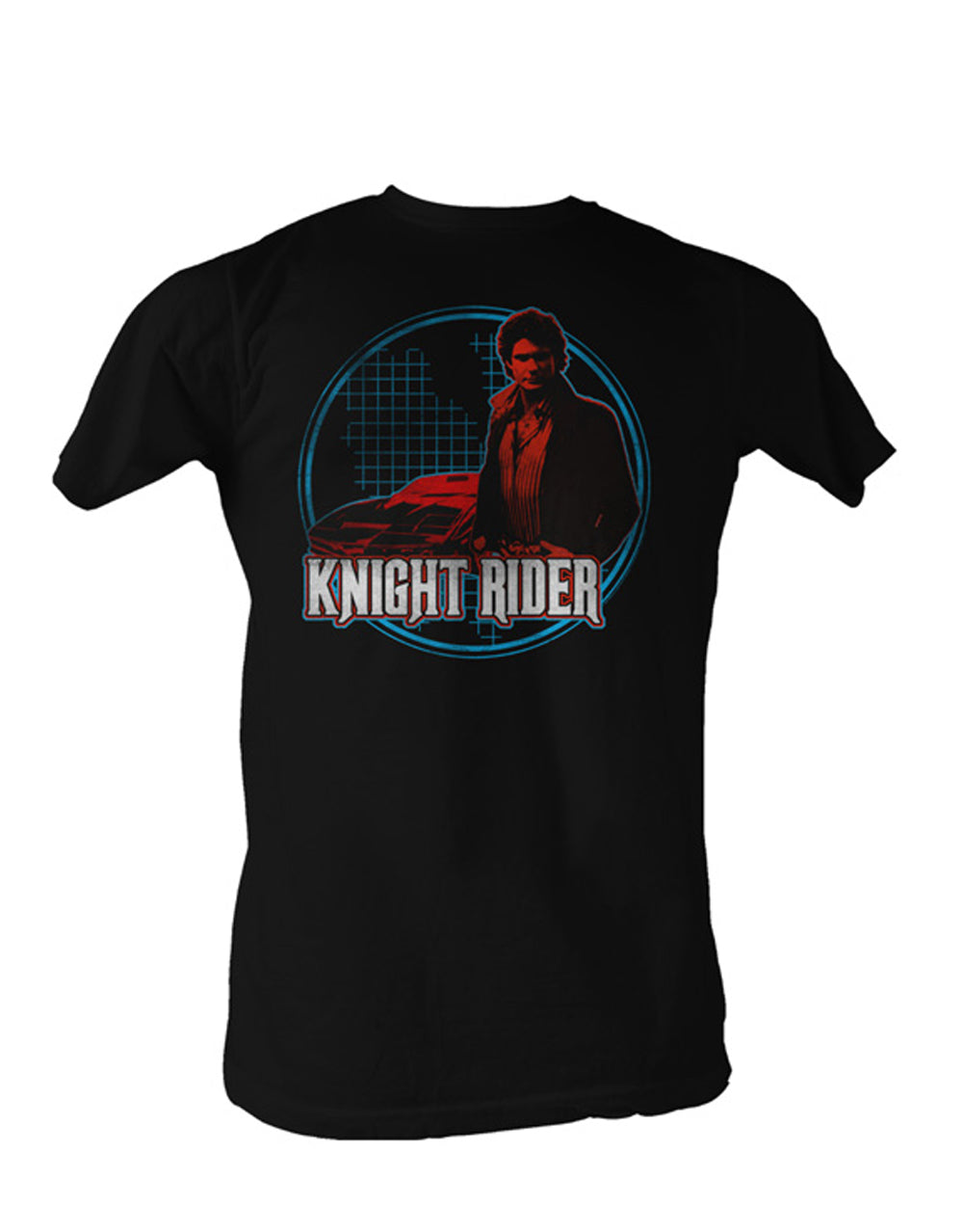 Knight Rider night light graphic on a black adult t-shirt.