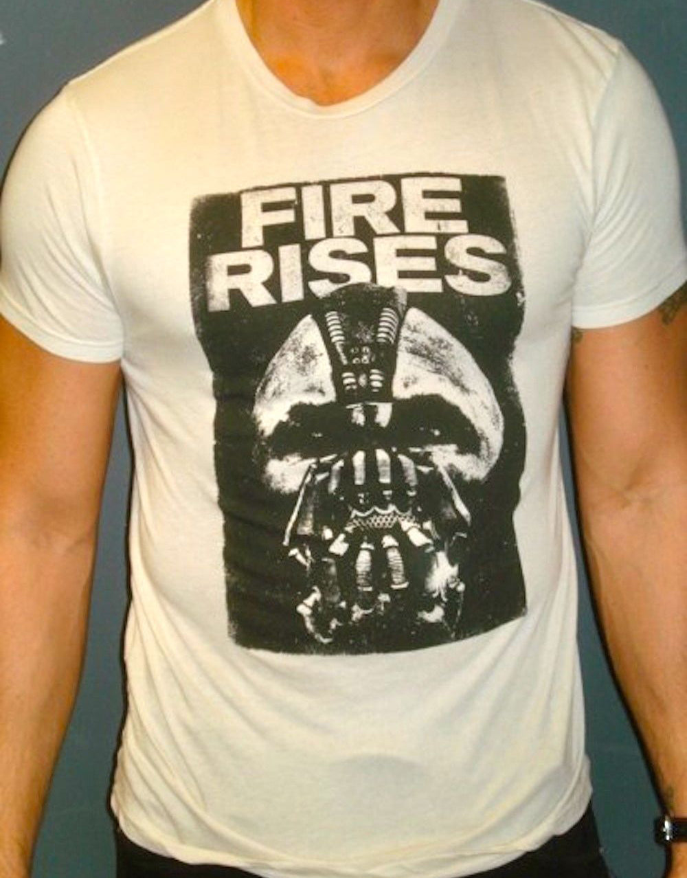 Bane The Dark Knight Rises fire graphic on a white adult t-shirt.