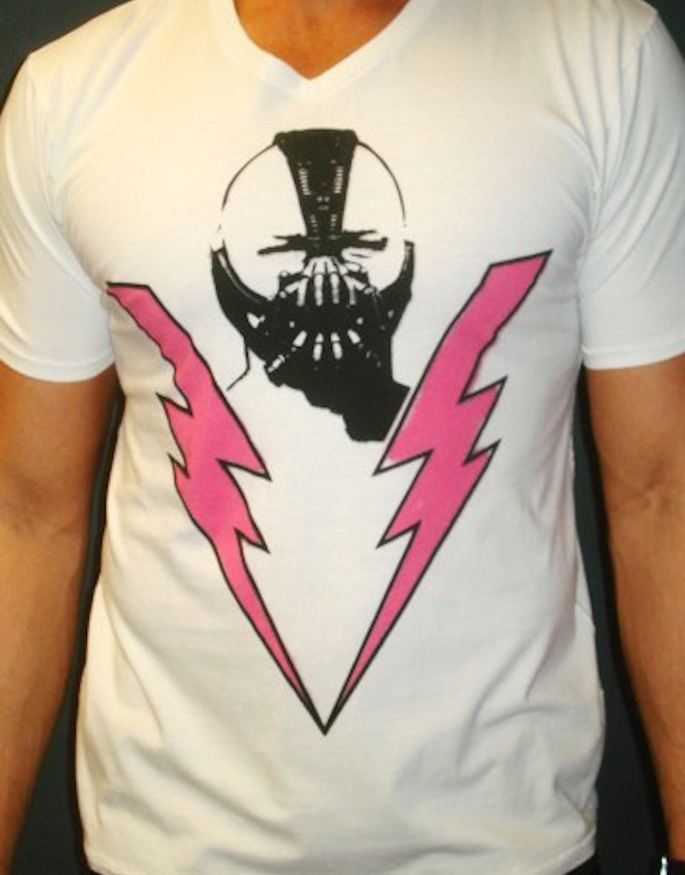 Bane The Dark Knight Rises lighting graphic on a white adult t-shirt.