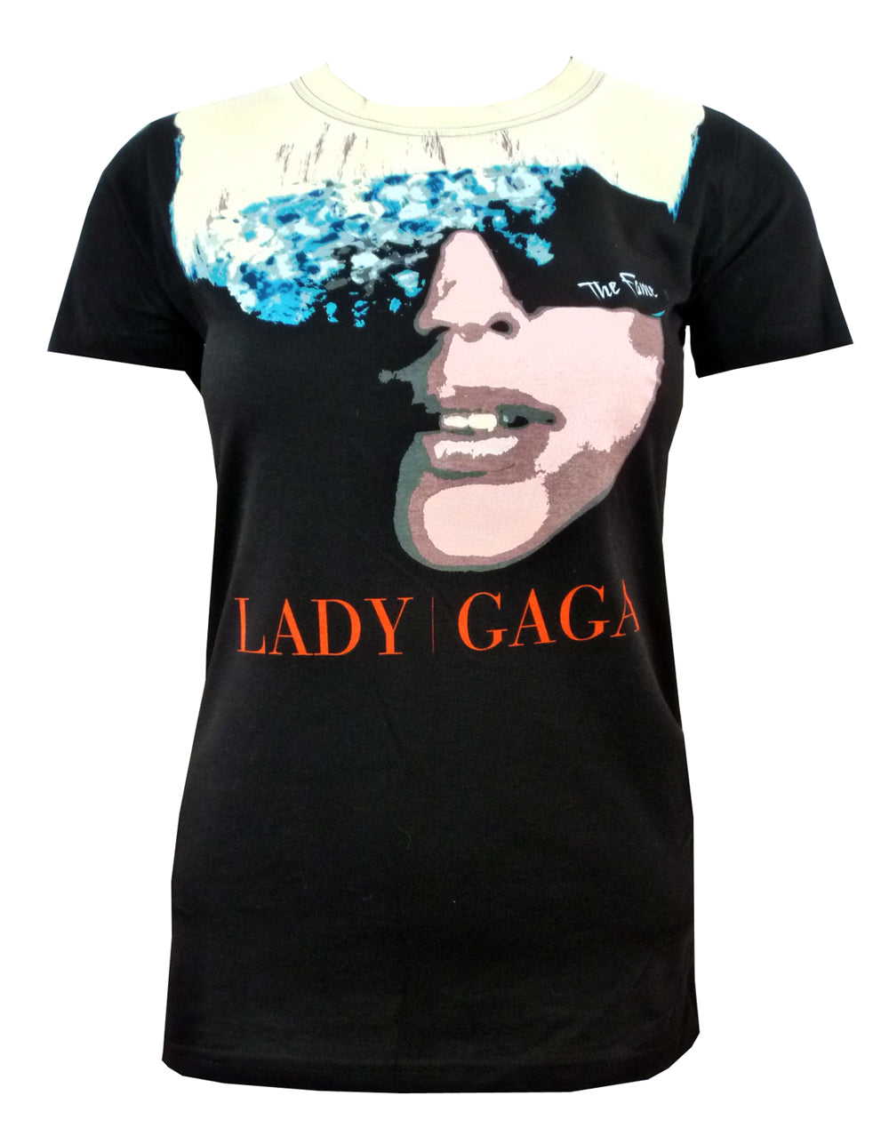 Lady Gaga vintage the Fame graphic on a black women's t-shirt.