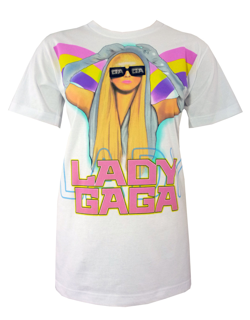 Lady Gaga airbrush graphic on a white women's t-shirt.