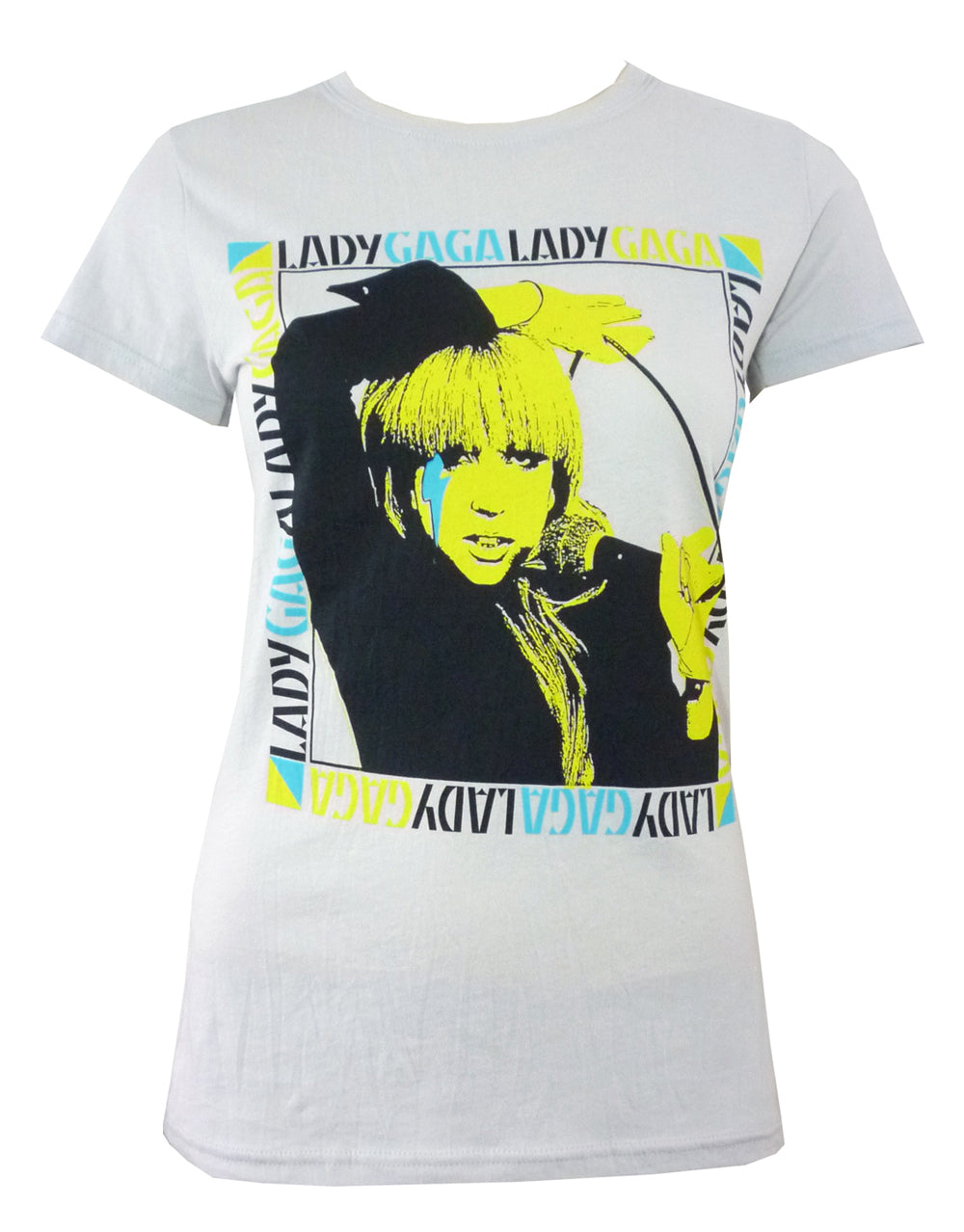 Lady Gaga box graphic on a light grey women's t-shirt.