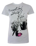 Lady Gaga dirty rich graphic on a white women's t-shirt.
