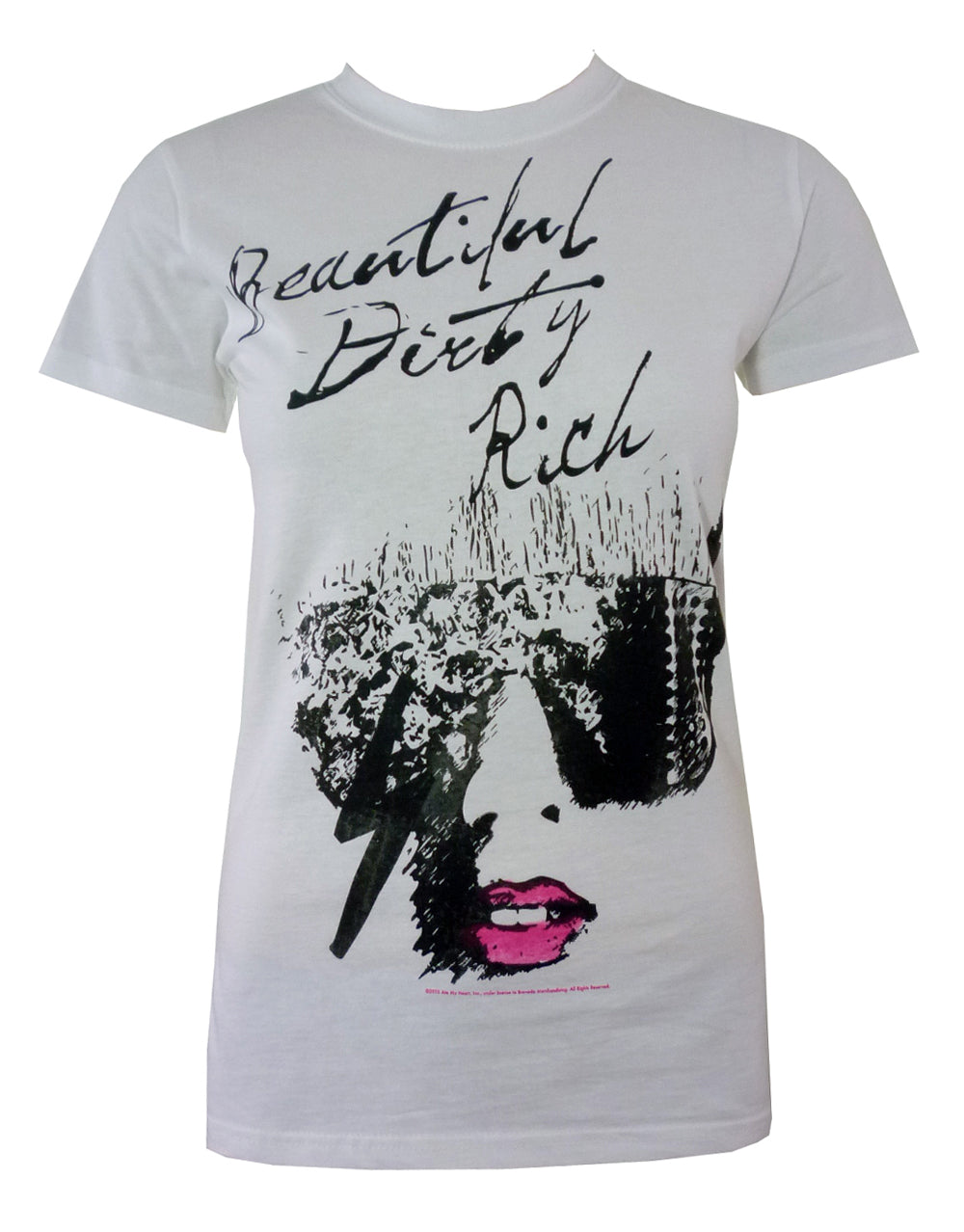Lady Gaga dirty rich graphic on a white women's t-shirt.